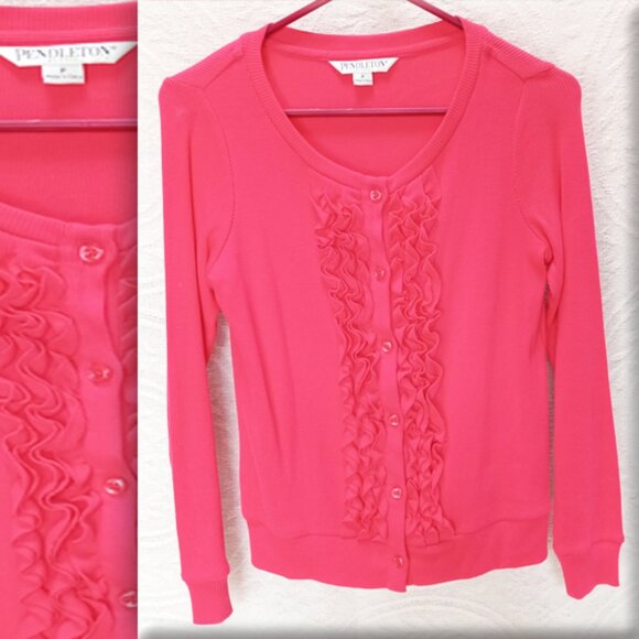 Coral Pink Ribbed Long Sleeved Shirt Ruffled Front & Buttons Size Petite (T-381) - Picture 1 of 8